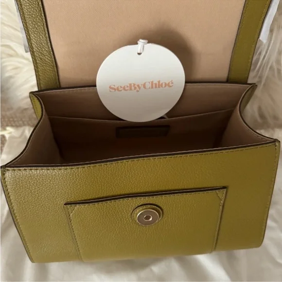 SEE BY CHLOE Joan Ladylike Bag Leather Suede Top Handle With Strap Olive Khaki